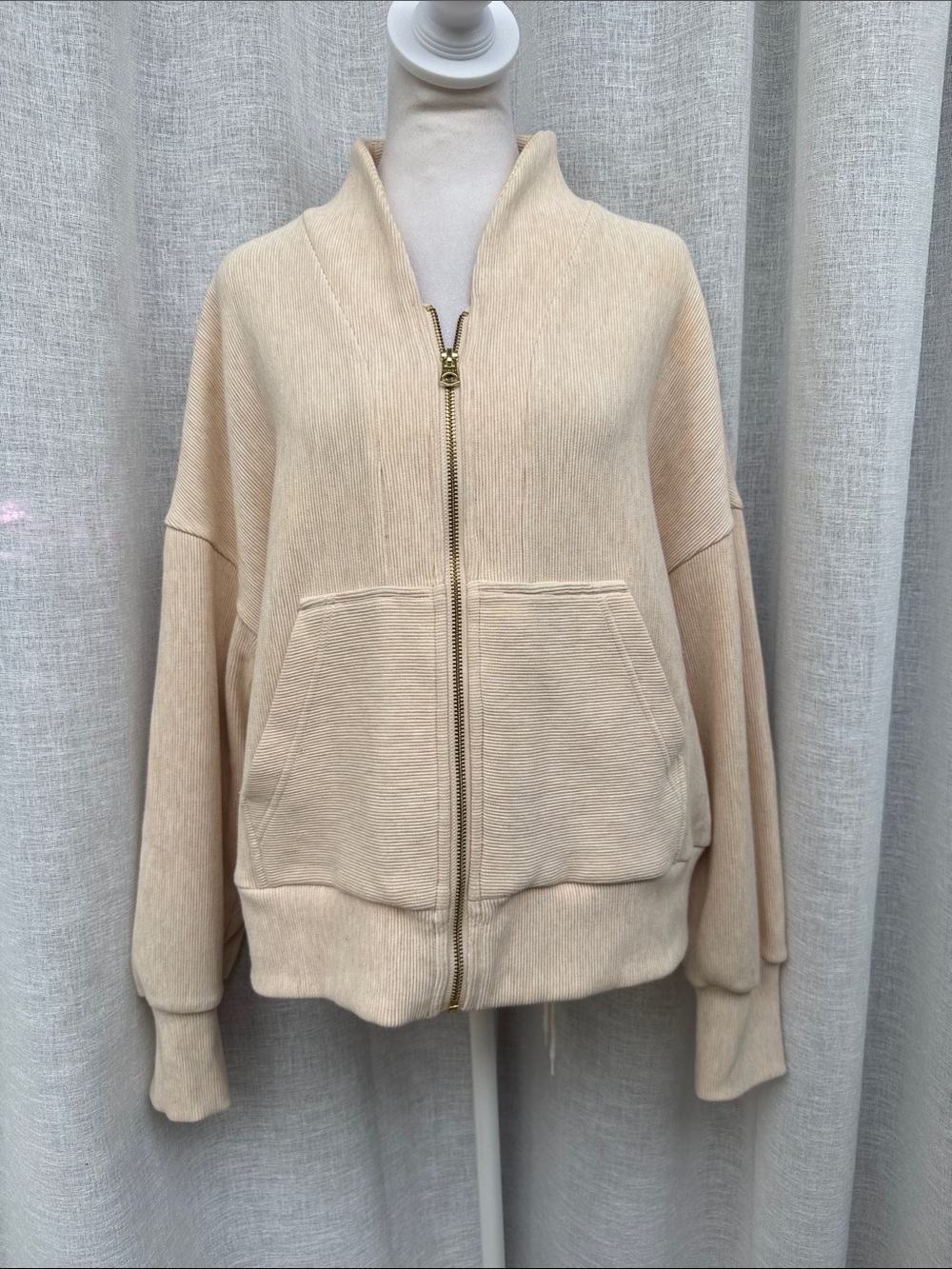 Varley for Anthropologie cream Rosanne zip ribbed sweat jacket cardigan